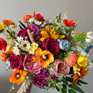 Wildflower Bridal Bouquet ,Fuchsia Orange Wedding bouquet,Spring Bridesmaid bouquets Pink orange blue Bouquet,Colorful bouquets