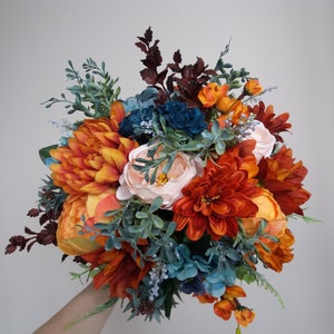 Orange teal bridal bouquet ,Orange Bridal bouquet, Bridesmaid bouquets Wedding Boho Bouquet, Orange bouquet, Bohemian bouquets