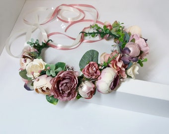 Vieux rose Blush Bordeaux fleur couronne, bandeau Mauve Floral, couronne de cheveux de mariée, halo fleur mariage, fille de fleur couronne, couronne de pivoines