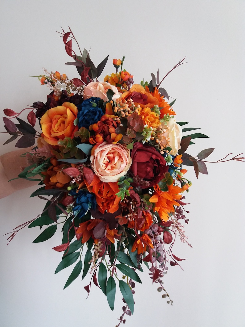 Cascading bouquet Rust burgundy orange flowers Bridal bouquet Faux bouquet Fall wedding Boho wedding bouquet Fall Bridal Wedding Bouquet image 1