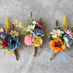 Wildflower boutonniere yellow orange blue pink spring boutonniere Colorful flower boutonniere Rustic boutonnieres