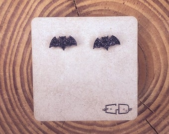 Black Glitter Bat Earrings - wood stud earrings