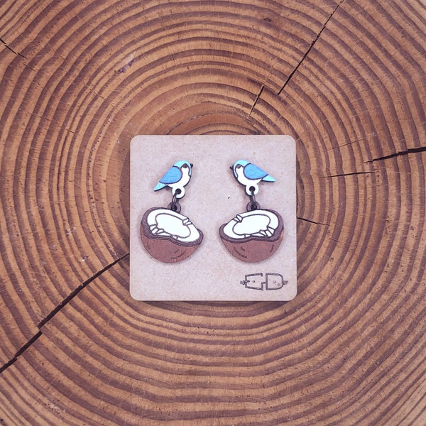 European Swallow Gripping a Coconut Earrings - hand painted wood stud earrings