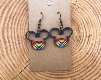 Rainbow Mouse Silhouette Earrings - hand painted wood drop earrings