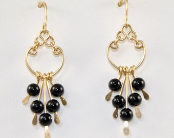 Gold Wire Wrap Earrings with Black Onyx Beads