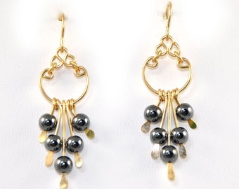 Gold Wire Wrap Earrings with Hematite Beads