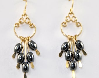 Gold Wire Wrap Earrings with Oval Hematite Beads