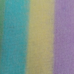 May include: A striped fabric with three vertical stripes in shades of teal, yellow, and purple.