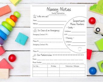 Nanny Notes | Family Information | Baby Journal Log | Babysitting Notes | Instant Digital Download | Printable Template
