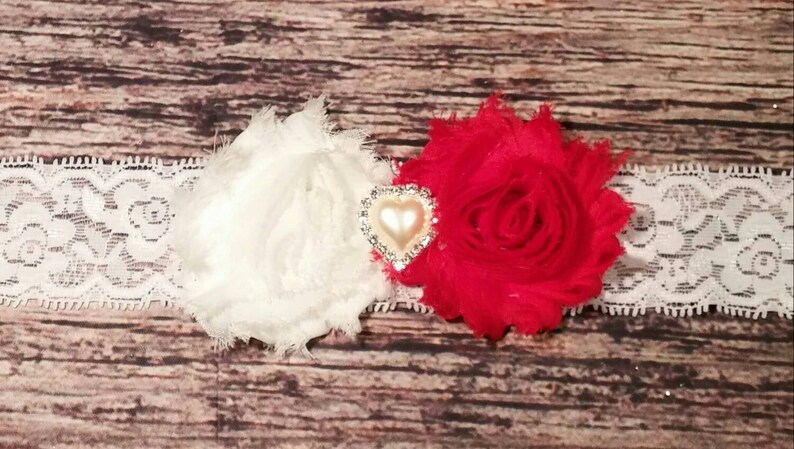 Baby Girl Headband Baby Headband Headbands for Babies Red and White Pearl and Rhinestone Heart Lace Headband Baby Girl Headbands