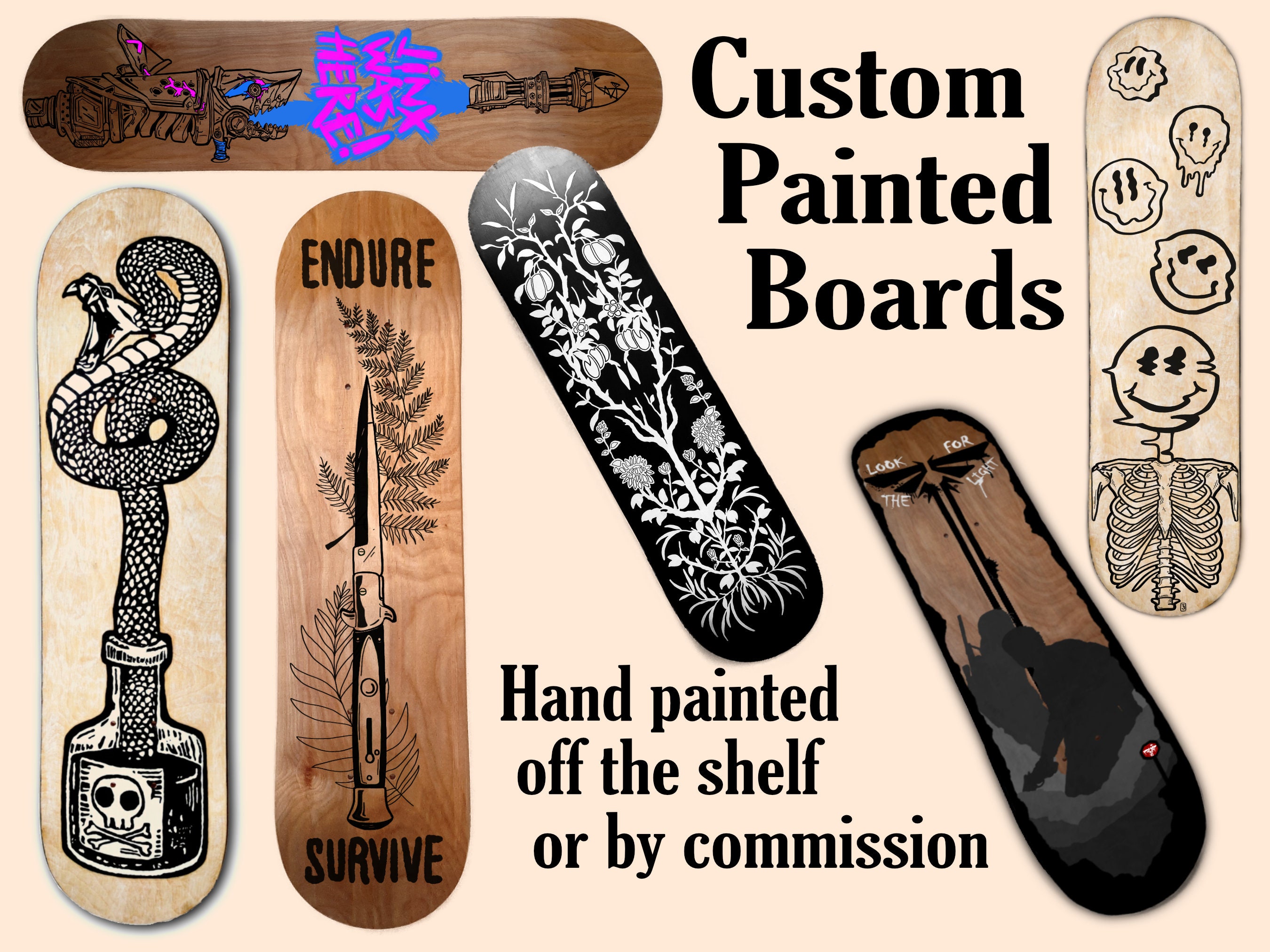 Custom hand painted skateboard deck showing artistic detail and craftsmanship in commission work