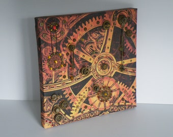 Unique Steampunk Inspired 3D Fusion Box Canvas with Jewellery, Original Clock Parts Cogs. With Detachable Keyring. Metal Embellishments