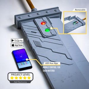 May include: A gray, futuristic-looking sword with a removable section. The sword has a control panel with red and green lights. The sword can be controlled with a mobile app, which is shown in the image. The app allows for mobile control of each material. The image also includes a project level rating of five stars.