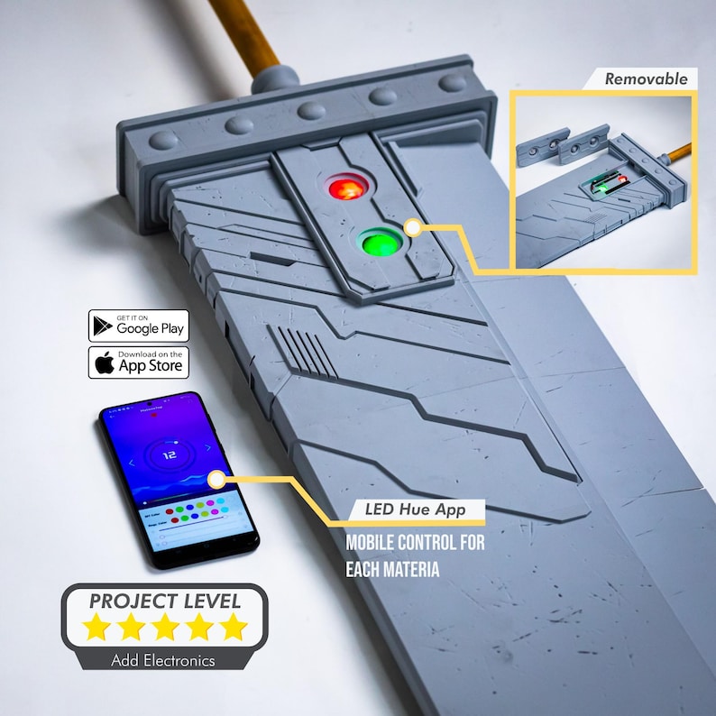 May include: A gray, futuristic-looking sword with a removable section. The sword has a control panel with red and green lights. The sword can be controlled with a mobile app, which is shown in the image. The app allows for mobile control of each material. The image also includes a project level rating of five stars.