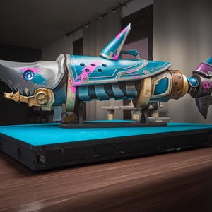 K&ouml;nnte beinhalten: Stilisierte, detaillierte Hai-Skulptur in Blau-, Silber- und Goldt&ouml;nen mit rosa Akzenten. Die Skulptur weist mechanische Details auf und ist auf einem blauen Sockel montiert. Die Schwanzflosse des Hais hat ein Totenkopf-Design.