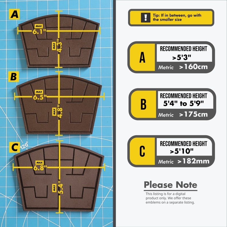 May include: Diagram showing three different sizes of brown felt patches with measurements in inches. The patches are labeled A, B, and C. The diagram also includes a table with recommended heights for each size in feet and inches and centimeters.