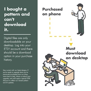 May include: Illustration showing that digital files purchased on a phone must be downloaded on a desktop computer. The illustration shows a person using a phone to purchase a digital file and then a person sitting at a desk using a computer to download the file. The text reads "I bought a pattern and can't download it. Digital files are only downloadable on your desktop. Log into your ETSY account and there should be a download option in your purchase history. Purchased on phone. Must download on desktop."