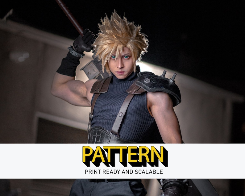 May include: A cosplay character dressed as Cloud Strife from the Final Fantasy video game series. The character is wearing a black mock neck shirt, a brown leather harness, and a black shoulder pad. The character is holding a large sword in their right hand. The character has spiky blonde hair and blue eyes. The image has the text "PATTERN PRINT READY AND SCALABLE" at the bottom.