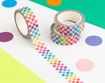 Colourful Checkerboard Washi Tape, Rainbow Checks Decorative Tape, Bright Checkered Paper Tape, Checked Journal Tape, Cute Planner Tape
