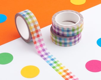 Cinta washi de cuadros arcoíris, cinta washi de cuadros coloridos, cinta decorativa a cuadros, cinta para bullet journal, cinta de papel con un bonito diseño de tablero de ajedrez.
