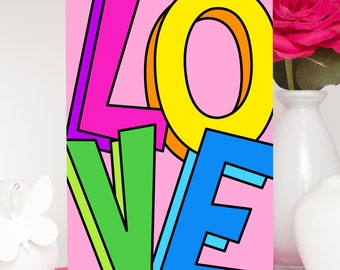 Love Anniversary Card, Cute Girlfriend Love Card, Colourful Boyfriend Romantic Card, Rainbow Typography Card, Pink Anniversary Card