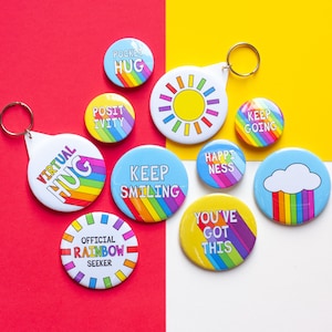 Positivity Badges, Set of Motivational Badges, Rainbow Badges, Positive Quotes, Colourful Badge Set, Pin Back Badges, Pack Of Button Badges