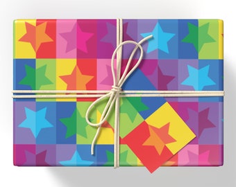 Rainbow Stars Gift Wrap, Colourful Starry Gift Wrap, Vibrant Wrapping Paper Sheets, Fun Birthday Gift Wrap, Recyclable Gift Wrap and Tags