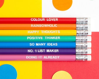 Rainbow Pencil Set, Positivity Pencil Set, Motivational Pencils, Fun Affirmations, Stationery Gift, Colourful Foil Stamped Pencil Pack