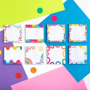 May include: A selection of colourful sticky notes with diverse designs. Each square note has a white area for writing, framed by vibrant borders with shapes, lines, and rainbow hues. The background is a mix of bright geometric shapes.