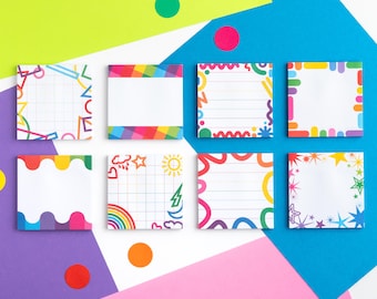 May include: A selection of colourful sticky notes with diverse designs. Each square note has a white area for writing, framed by vibrant borders with shapes, lines, and rainbow hues. The background is a mix of bright geometric shapes.