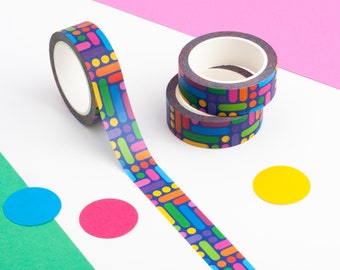 Colourful Geometric Pattern Washi Tape, Rainbow Dots and Dashes, Vibrant Planner Tape, Circle Patterned Decorative Tape, Cute Journal Tape