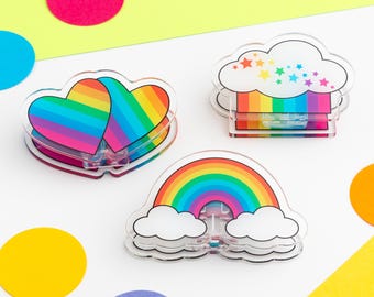 Colourful Paper Clip Set, Set Of Three Acrylic Binder Clips, Cute Stationery Gift Set, Rainbow Journal Clip, Bright Planner Clip