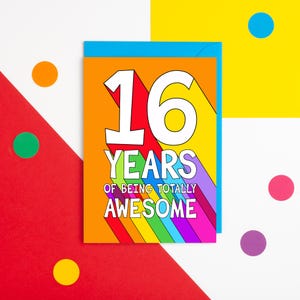 16.Geburtstagskarte, Karte für Jungen, Karte für Mädchen, bunte 16 Karte, sechzehnter Geburtstagskarte, Karte für Sohn, Tochter, Nichte, Neffe, Freund