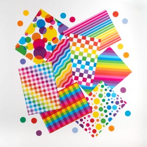 May include: A collection of rectangular sheets featuring vibrant, multi-colored patterns including polka dots, horizontal stripes, wavy lines, and various grid designs. The arrangement is scattered with additional colorful circles.