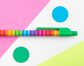 Rainbow Stripe Pen, Colourful Writing Pen, Bright Pen for School, College or Work, Black Ink Pen, Retractable Pen with Green Trim