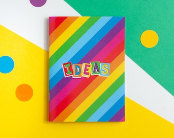 Ideas A6 Notebook, Small Rainbow Stripe Note Book, Recycled Exercise Book with Plain Pages, Colourful Stationery Lover Gift, Eco Notebook