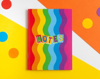 Notes A6 Notebook, Small Rainbow Exercise Book, Recycled Mini Notebook with Plain Pages, Colourful Waves Note Book, Cute Stationery Gift