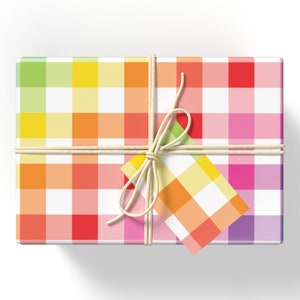 Rainbow Gingham Wrapping Paper, Colourful Checkered Gift Wrap, Luxury Birthday Wrapping Paper Set, Gingham Gift Tags, Recyclable Gift Wrap