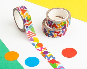 Rainbow Retro Shapes Washi Tape, Colourful Journalling Tape, Paper Scrapbooking Tape, Eighties Pattern Decorative Tape, Planner Lover Gift