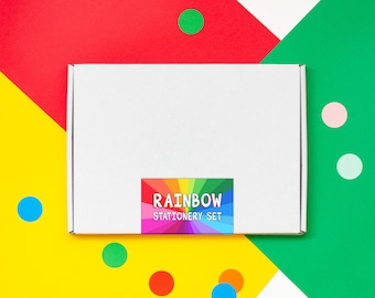 Coffret de papeterie arc-en-ciel coloré, Lot de papeterie lumineuse, Jolie boîte de papeterie, Cadeau à glisser dans la boîte aux lettres, Cadeau pour les amateurs de papeterie, Cadeau de papeterie