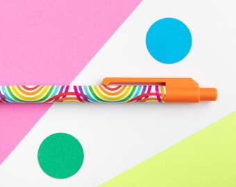 Bright Rainbows Pattern Pen, Colourful Writing Pen, Cute Stationery Gift, Black Ink Pen, Vibrant Retractable Pen with Orange Trim