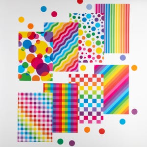 May include: A collection of eight rectangular sheets featuring vibrant rainbow patterns including polka dots, wavy lines, vertical stripes, diagonal stripes, and various checkered designs, accented by scattered colorful circles on a white background.