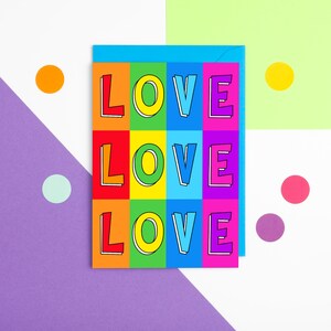 LOVE LOVE LOVE Karte, Regenbogen-Jubiläumskarte, Bunte Liebeskarte, Lebendige Typografie Karte, Ehemann Romantische Karte, Frau Süße Karte
