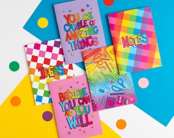 Set of Five A6 Rainbow Notebooks, Cute Pack of Colourful Exercise Books, Small Recycled Note Books with Plain Pages, Rainbow Stationery Gift