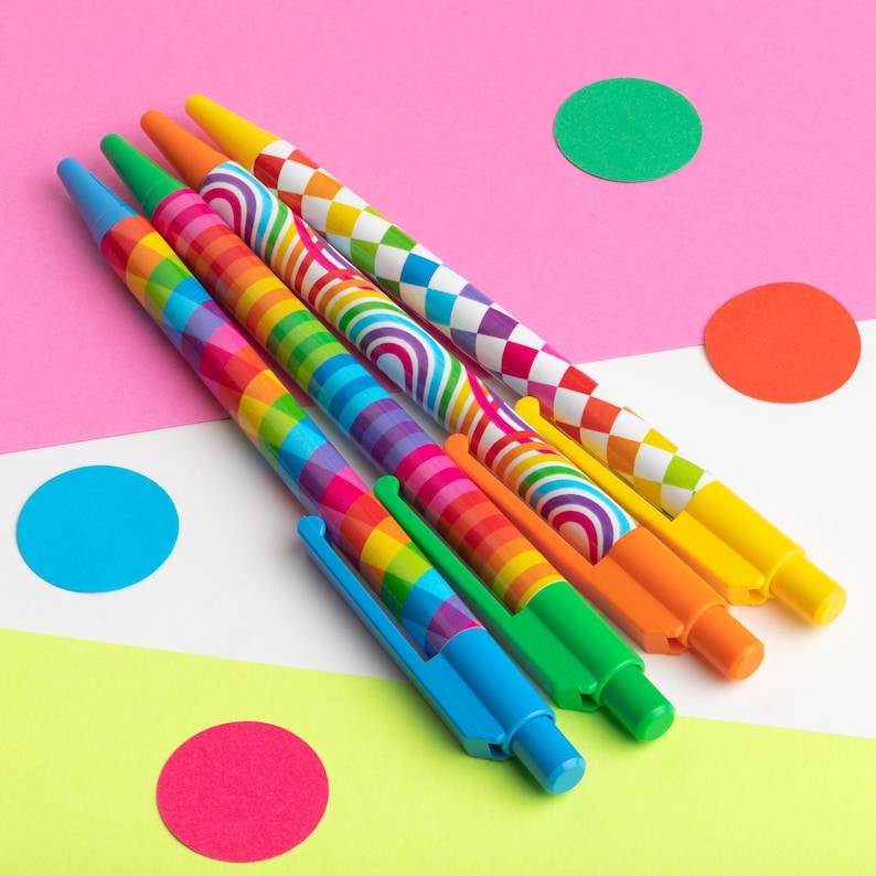 Pen Click Pattern Set of Rainbow Pens, Colourful Patterned Pens Pack of Four, Stationery ...