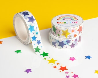 Cinta Washi con estrellas arcoíris de colores, cinta decorativa con estampado de estrellas, cinta de papel estrellada, cinta brillante para envolver regalos, cinta ecológica vibrante.