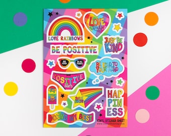 Hoja de pegatinas de positividad arcoíris, pegatinas de vinilo A5 de colores, pegatinas inspiradoras, pegatinas decorativas brillantes, pegatinas bonitas para planificador.