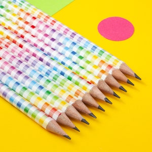 Rainbow Gingham Pencil, Colourful Check Pencil, Cute Stationery Gift, Bright Checked Patterned Pencil With Eraser, Stationery Lover Present