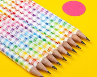 Rainbow Gingham Pencil, Colourful Check Pencil, Cute Stationery Gift, Bright Checked Patterned Pencil With Eraser, Stationery Lover Present