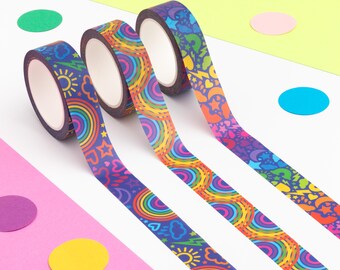 Rainbow Weather Washi Tape Pack of 3, Colourful Set of Weather Pattern Decorative Tapes, Bright Scrapbooking Tapes, Cute Journal Supplies